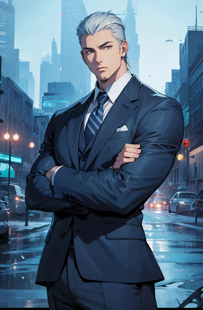 Drawing of a young Chad, Dark blue suit,hong'se'r tie, White shirt,Pants,入耳式earphone,earphone, Looking at the camera, male,Silver short hair,Blue Eyes,muscle,bodyguard,Light and Shadow,(Luminescence:1.5),(Cyberpunk:2)