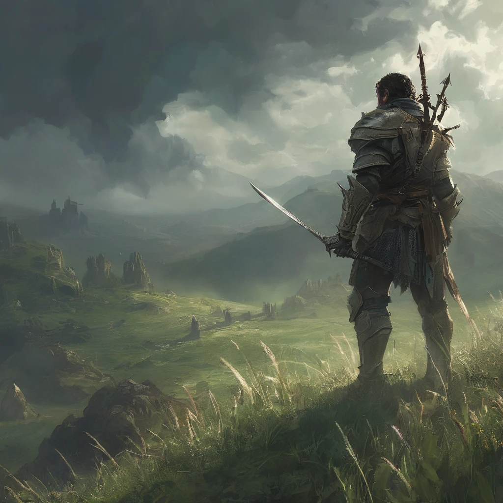 Amidst the rolling hills of the Forgotten Realms, where the whispers of ancient battles echo through the tall grasses and the sky hangs heavy with ominous clouds, strides Sir Alistair—a knight burdened by the weight of prophecy and the legacy of his forefathers. His short, brown curly hair ruffles in the wind, a stark contrast to the gleaming steel of his battle-worn armor that bears the marks of countless skirmishes and hard-fought victories.
With each step, the knight's boots sink into the soft earth of the grassfield, leaving imprints that tell tales of valor and hardship. His gauntleted hand rests lightly on the pommel of a sword that hangs at his hip, its blade etched with runes of ancient power and tempered by the blood of mythical beasts.
Behind him, the sun dips below the horizon, casting long shadows that stretch across the verdant landscape like spectral fingers. The air is heavy with the scent of wildflowers and the distant rumble of thunder—a portent of storms to come and battles yet to be waged.
In this AI-generated image inspired by medieval dark fantasy, Sir Alistair's solitary journey through the grassfield becomes a testament to courage, duty, and the unyielding quest for honor in a world where shadows lurk at every turn and the line between hero and villain blurs."