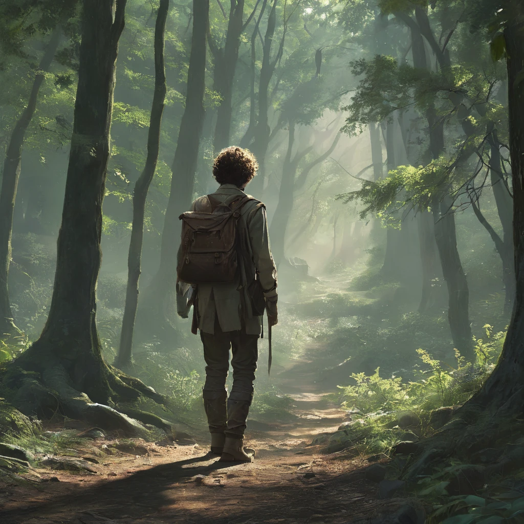 Under the canopy, a young male ager with short curly brown hair stands at the edge of a foreboding forest. His simple brown farmer's outfit, worn and patched, contrasts sharply with the shadowy, mystical ambiance of the woods.
From the back, he appears to be contemplating the path before him, the dim light of the setting sun casting long shadows around him. The forest ahead is thick with gnarled roots and whispering leaves, alive with the unseen presence of mythical creatures and hidden dangers.
In his hand, he clutches a worn leather satchel, a symbol of his humble beginnings and the simple life he left behind. As he steps forward, the forest seems to close in, the air growing colder and filled with the faint sounds of distant howls and rustling underbrush.
What secrets lie ahead on the path he has chosen? What trials will he face in the heart of the dark, enchanted forest? This is the beginning of his journey, one that will test his courage, resolve, and the very essence of his character.