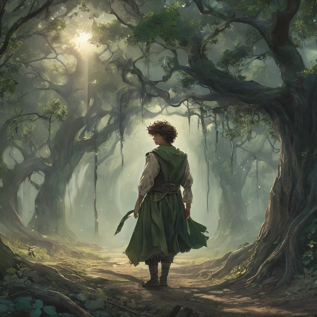 Under the canopy, a young male teenager with short curly brown hair stands at the edge of a foreboding forest. His simple brown farmer's outfit, worn and patched, contrasts sharply with the shadowy, mystical ambiance of the woods.
From the back, he appears to be contemplating the path before him, the dim light of the setting sun casting long shadows around him. The forest ahead is thick with gnarled roots and whispering leaves, alive with the unseen presence of mythical creatures and hidden dangers.
In his hand, he clutches a worn leather satchel, a symbol of his humble beginnings and the simple life he left behind. As he steps forward, the forest seems to close in, the air growing colder and filled with the faint sounds of distant howls and rustling underbrush.
What secrets lie ahead on the path he has chosen? What trials will he face in the heart of the dark, enchanted forest? This is the beginning of his journey, one that will test his courage, resolve, and the very essence of his character.