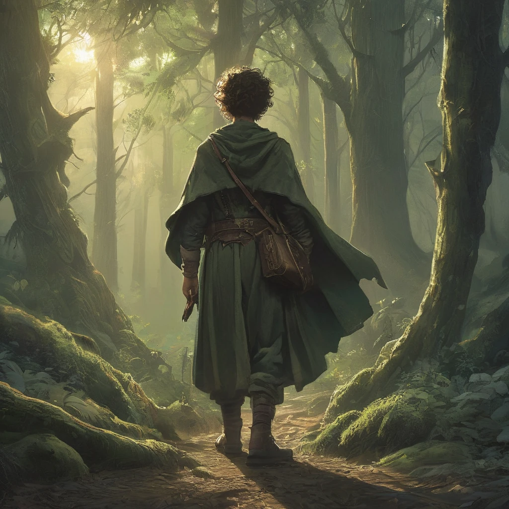 Under the canopy, a young male teenager with short curly brown hair stands at the edge of a foreboding forest. His simple brown farmer's outfit, worn and patched, contrasts sharply with the shadowy, mystical ambiance of the woods.
From the back, he appears to be contemplating the path before him, the dim light of the setting sun casting long shadows around him. The forest ahead is thick with gnarled roots and whispering leaves, alive with the unseen presence of mythical creatures and hidden dangers.
In his hand, he clutches a worn leather satchel, a symbol of his humble beginnings and the simple life he left behind. As he steps forward, the forest seems to close in, the air growing colder and filled with the faint sounds of distant howls and rustling underbrush.
What secrets lie ahead on the path he has chosen? What trials will he face in the heart of the dark, enchanted forest? This is the beginning of his journey, one that will test his courage, resolve, and the very essence of his character.