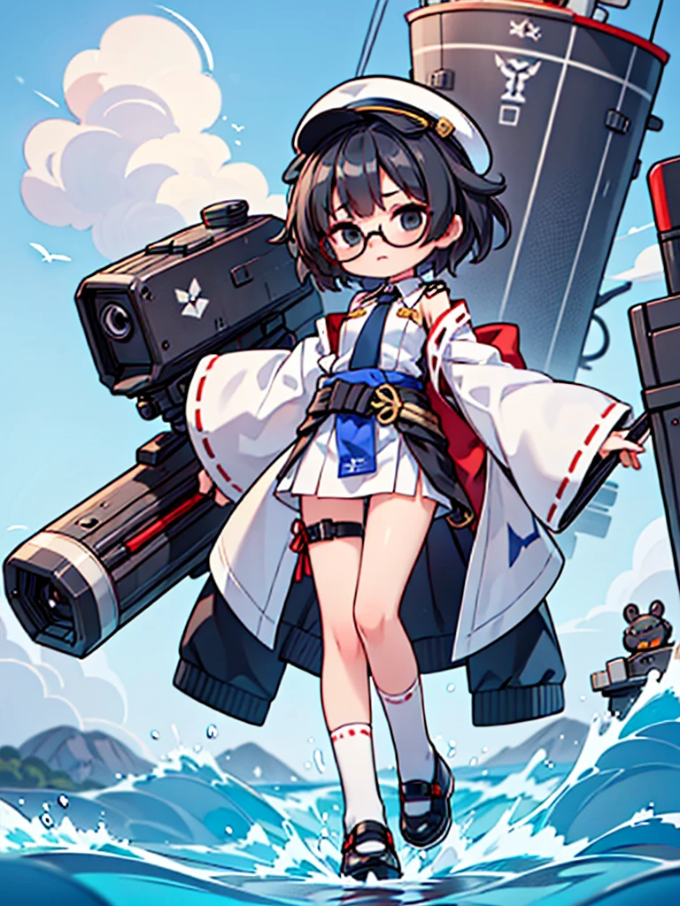 ((((Full body of a woman with perfect flat chest、solo、Short unkempt black hair、Tie your messy hair at the nape of your neck、white military jacket、Miko costume、tights、Black glasses、White military cap、Cloudy black eyes、Confused eyes、Junyo hair accessories)))), (((masterpiece))), (((Shipgirl))), ((Floating on the morning sea with both feet)), (Spread your legs wide open), (Hold the turret with your right hand), (Mechanical arms extending from the waist are used to equip the ship with battleship equipment.), (Equipped with a turret on the back), (Holds a triple turret on the left arm), Shotgun shells are attached to the thigh with a belt, Spreading the Machine&#39;s Wings, Machine tail,  Holding a shotgun, Nipple masturbation,  Tentacle Sex, Dildo masturbation
