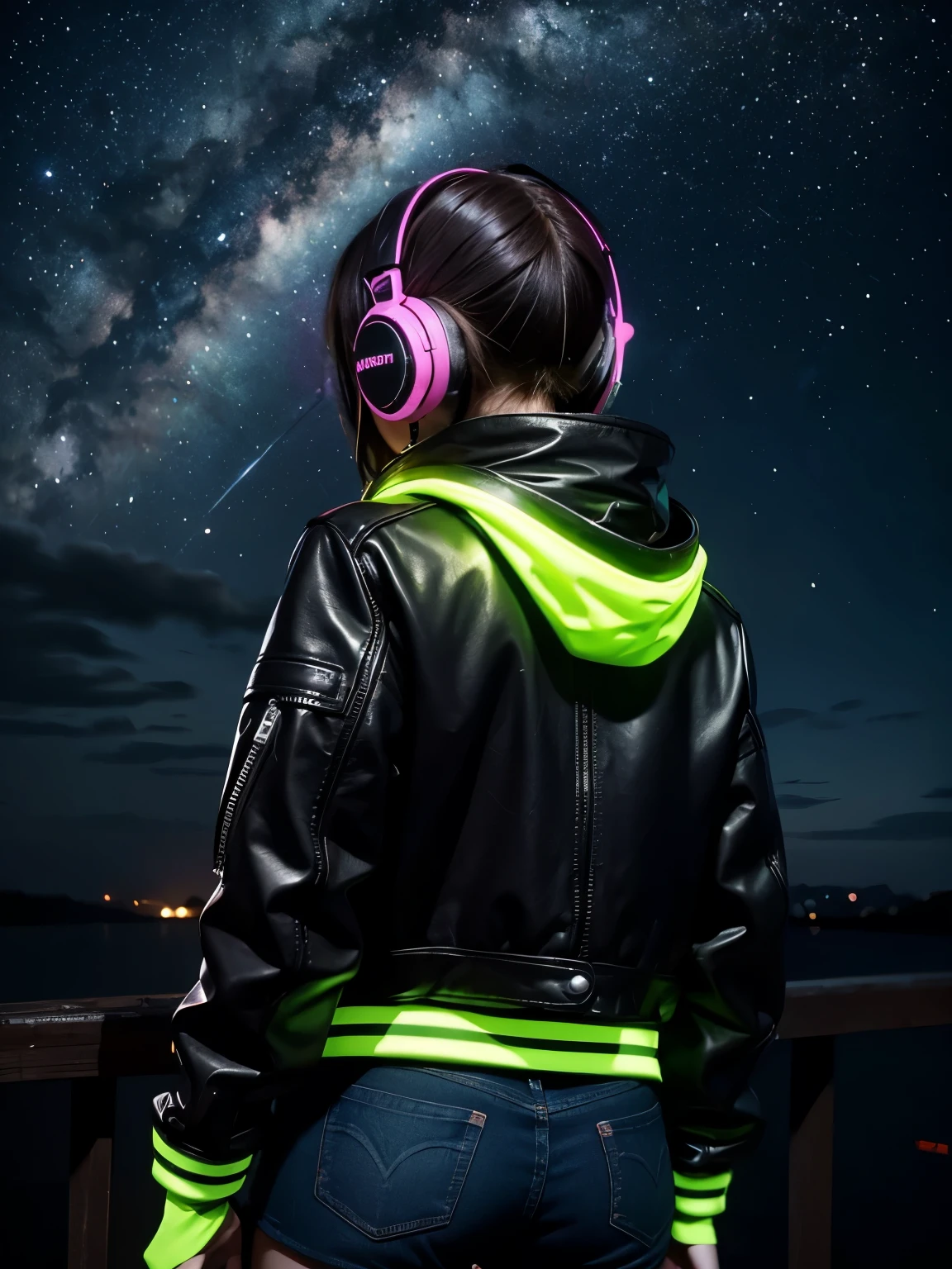 night, Silhouette of a girl from behind, faces not visible, wearing big neon headphones, white long hair, looks at the milky way, view from the back, Leather Jacket, night звезды, clouds, temnosinie tons