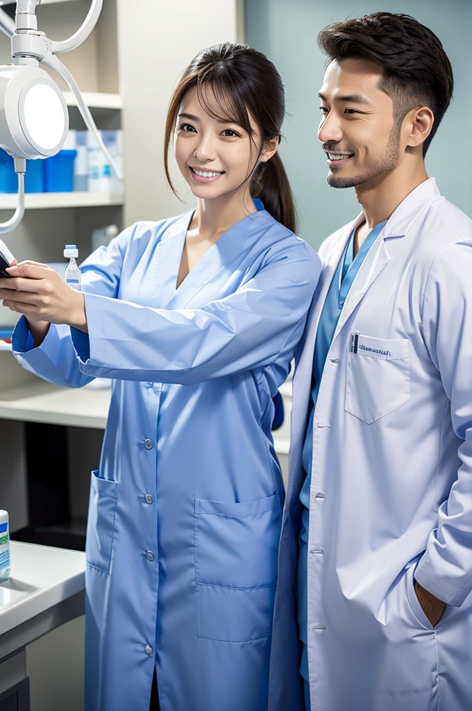 Male dentist and female dental hygienist　２people　A good business partner　日本people系　Wearing a lab coat　Wearing medical scrubs　Upper body close-up　high resolution　high resolution　Highest quality　日本people