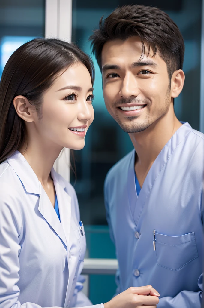 Male dentist and female dental hygienist　２people　A good business partner　日本people系　Wearing a lab coat　Wearing medical scrubs　Upper body close-up　high resolution　high resolution　Highest quality　日本people