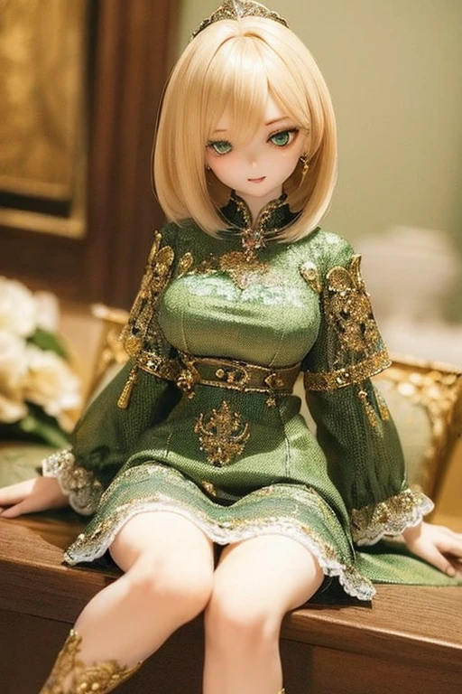 ((highest quality)), ((masterpiece)), (extremely detailed), kukolnydom, doll, (mature woman:1.6), solo, ((eye level shot)), sitting on sofa, green eyes, (looking down, blank eyes:1.3), light smile, dress, castle, 8k