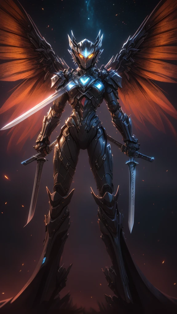 (masterpiece, best quality:1.3),extremely high detailed, intricate, 8k, HDR, wallpaper, cinematic lighting, (universe),(holding sword:1.3), glowing, armor, glowing eyes, mecha, large wings,