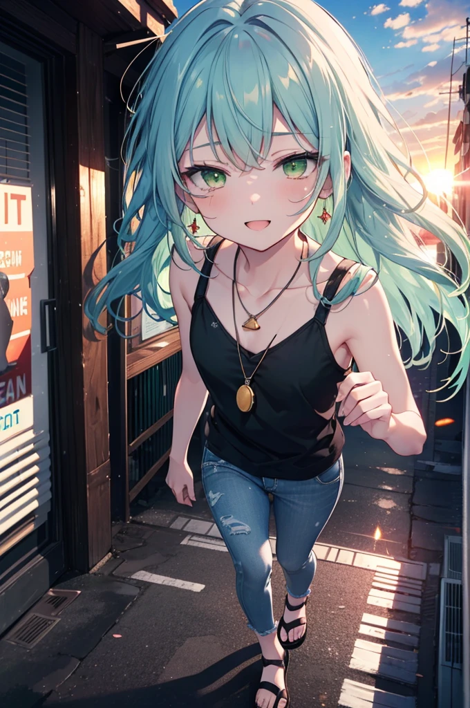index, index, (Green Eyes:1.5), Blue Hair, Long Hair, (Flat Chest:1.2)happy smile, smile, Open your mouth,v neck tank top shirt,Skinny jeans,Cute Sandals,Rocket Pendant,Walking,Sunset,evening,The sun is setting,whole bodyがイラストに入るように,
break looking at viewer, whole body,
break outdoors, Building district,
break (masterpiece:1.2), Highest quality, High resolution, unity 8k wallpaper, (figure:0.8), (Beautiful attention to detail:1.6), Highly detailed face, Perfect lighting, Highly detailed CG, (Perfect hands, Perfect Anatomy),