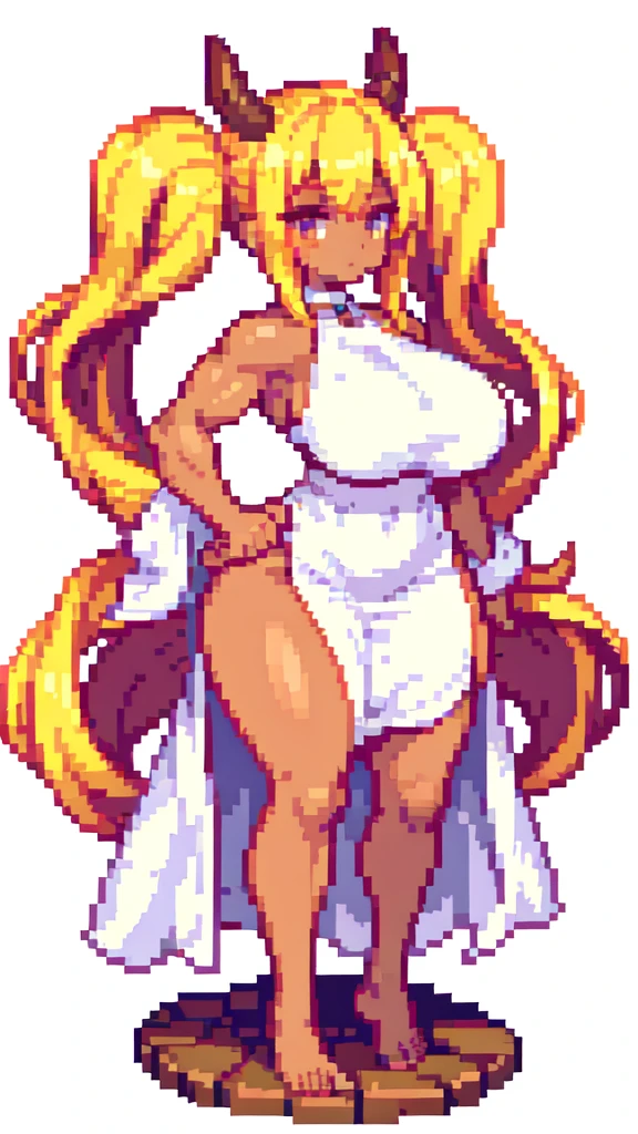 brown skin,very muscle,{{long legs}},devil,barefoot,{{muscular}},{{gigantic breasts}} ,{{curvy}} , ,masterpiece , best quality , pixel art , 1 girl ,{full body},  voluptuous ,twintails,blonde hair ,white dress,white background 
