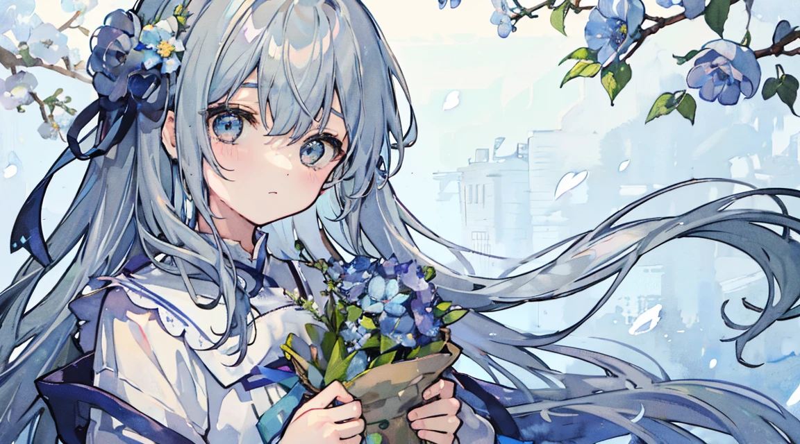 Pastel Watercolor、Girl with lots of flowers、blue flower、Gray Hair、Long Hair、can't move inside jar、Pushed in、Sitting、Cute clothes、Expose your shoulders、ribbon、(inside jar)、bottling、小inside jarの女の子