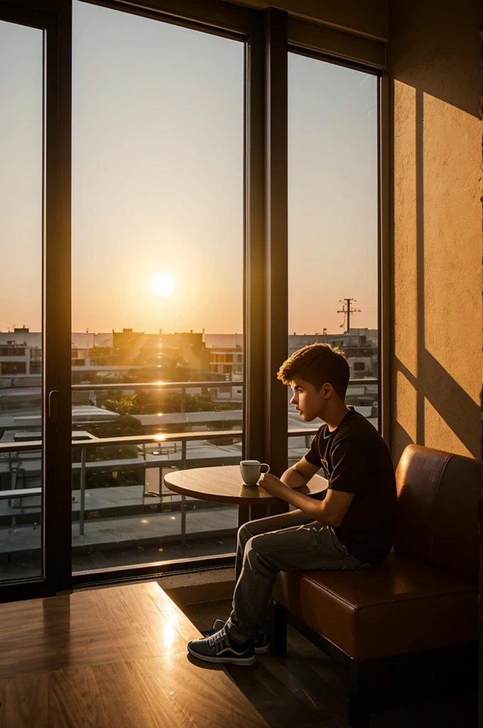 A cartoon boy sits in the corner of a coffee shop while the sun sets.