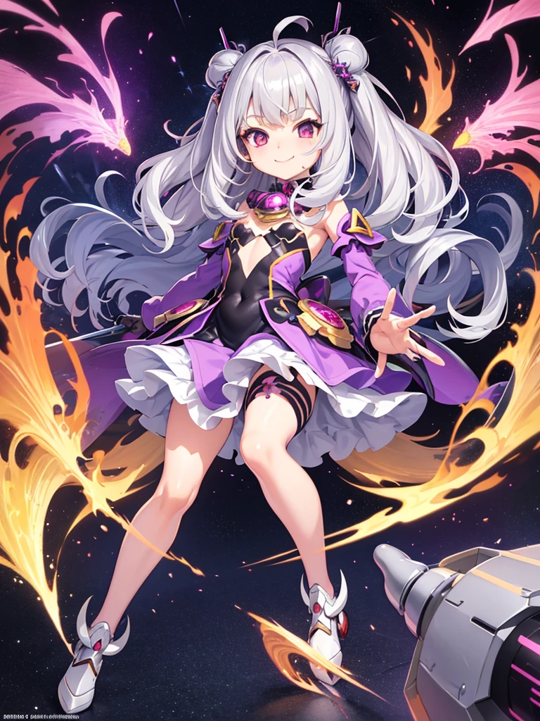 loli,anime,small female,HD,Detailed Background, masterpiece, highest quality,whole body,medium hair,silver hair,messy hair,Frizzy hair,kawaii,purple eye,mecha body,metallic body,shiny body,smile