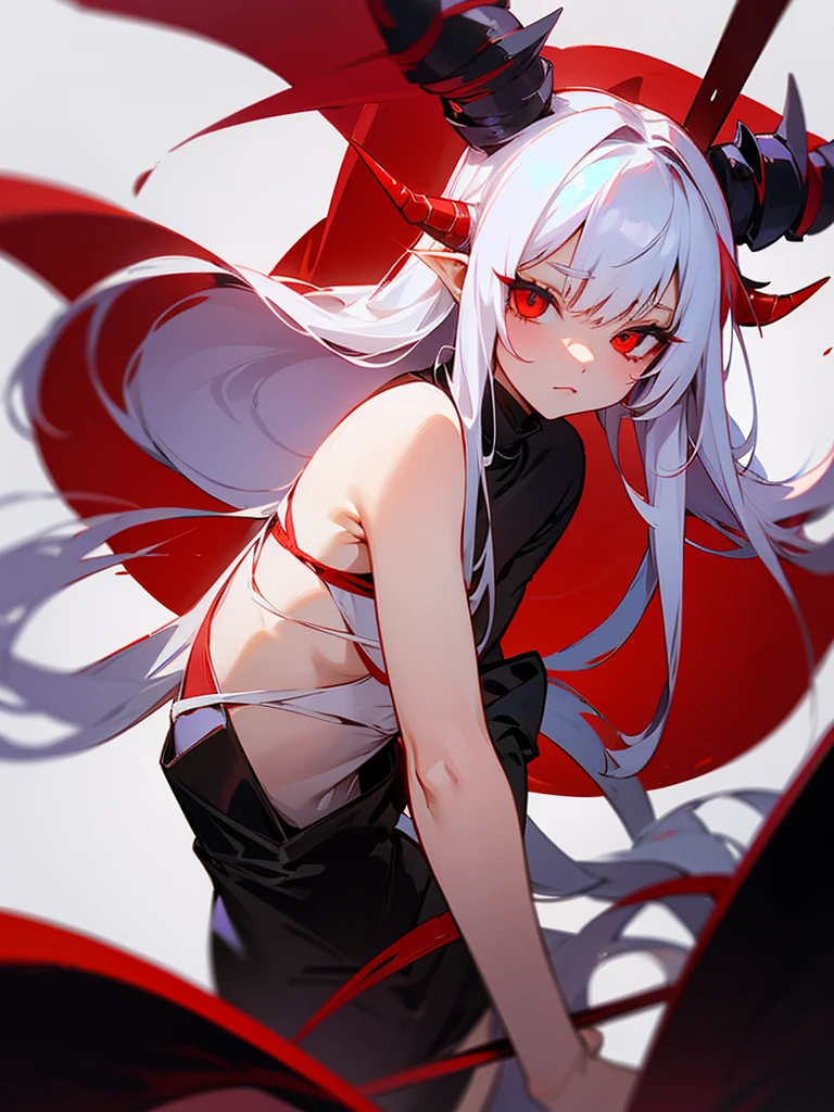 A demon woman with long white hair; got small red demon horns and tail.