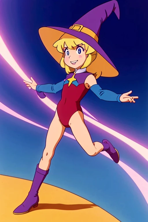 a cartoon character dressed in a leotard, young wizard, time wizard, 1980s cartoon, animated episode still, witch academia, presto