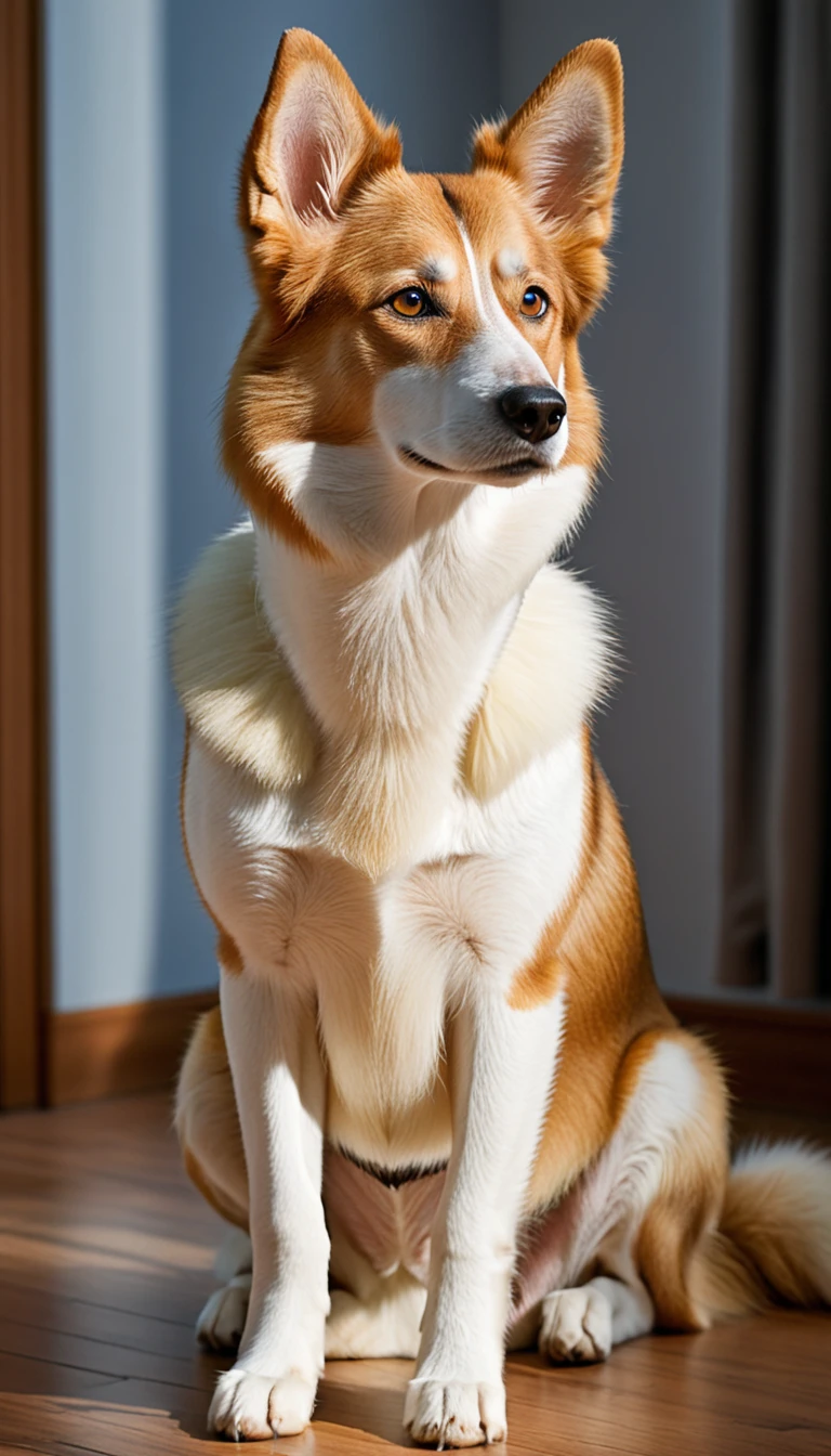 There is no one, realistic photo, photo realism, realism, norwegian rundehund (Norwegian Lundehund), perfect composition, intricate details, Very sharp, masterpiece, profile, high resolution, looking at the viewer, Full body photo in a comfortable atmosphere indoors