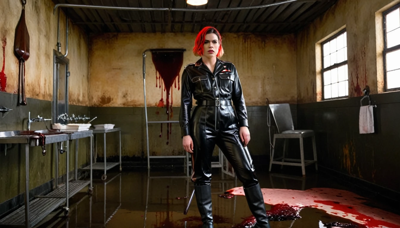 realistic nsfw porn gore photo , WWII Blond Clea Duvall standing nude breasts , wearing black shinny pvc WWII german uniform , black shinny pvc catsuit , wearing shinny pvc thigh high boots , in dirty operating room with blood on ground and walls , meat hanged at the ceiling