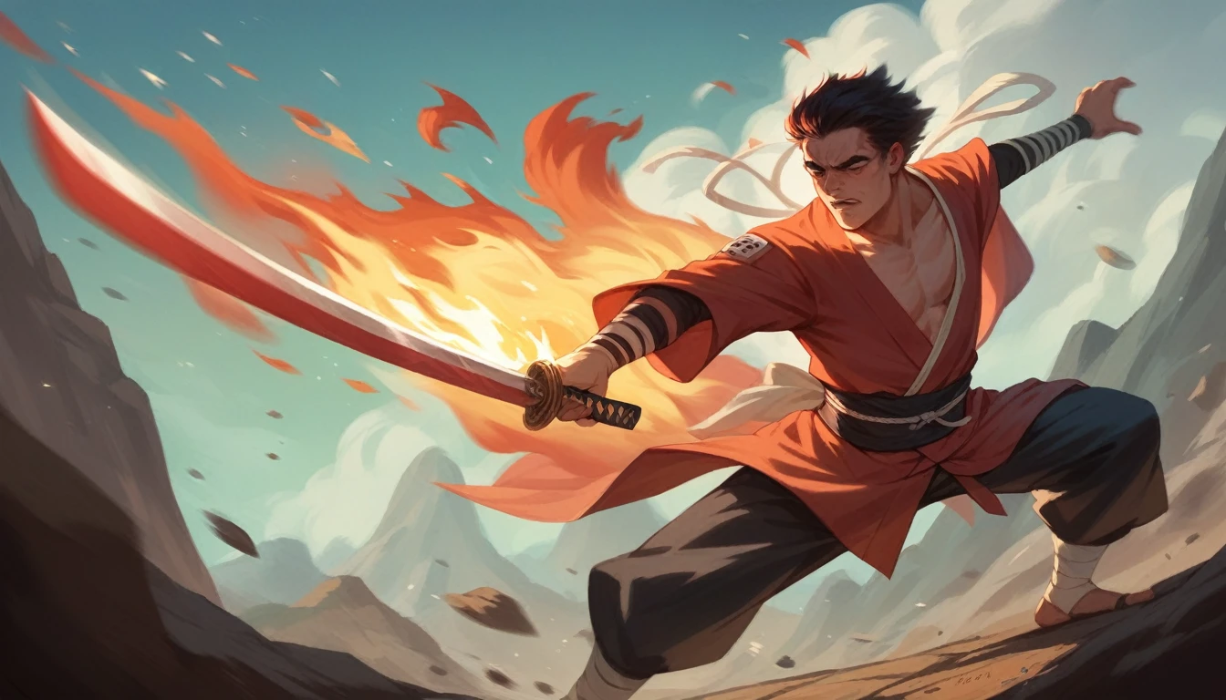 Samurai with a sword, Realistic Effects, Blur the background, 8K, Burning Fire