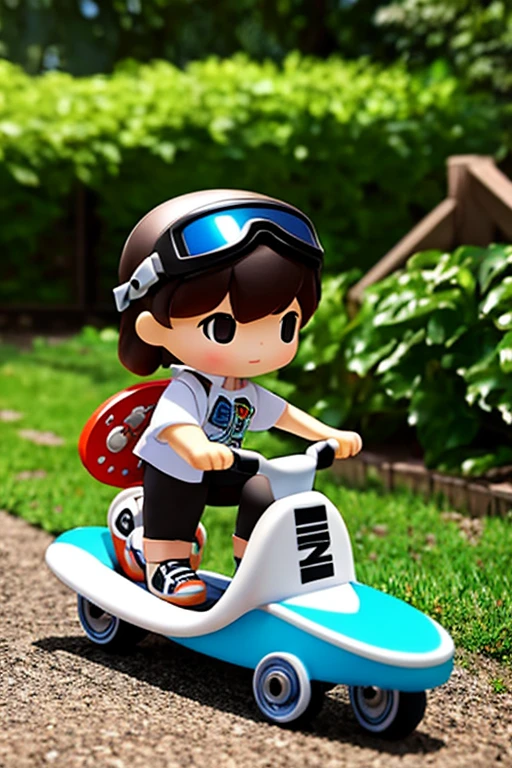 ()Please express the contents inside with a chibi girl doll.(Photoreal、Kickboard Racer、goggles、youth、after school、garden)