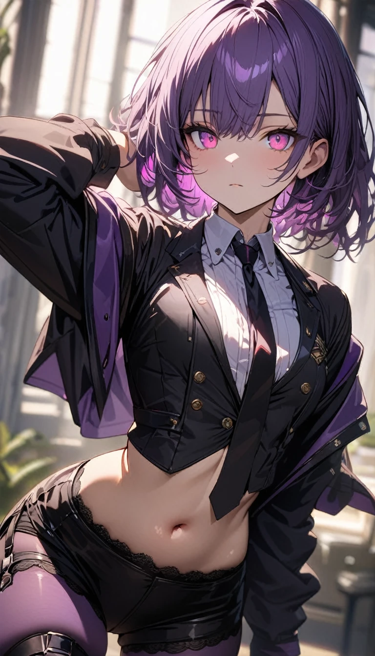 a handsome girl, solo,
purple hair, pink eyes, bright eyes, 
navel, black short jacket, tie, black shorts, garter rings, purple tights,
expressionless, blurry background, perfect lighting,
masterpiece, best quality, extremely detailed face, extremely detailed,