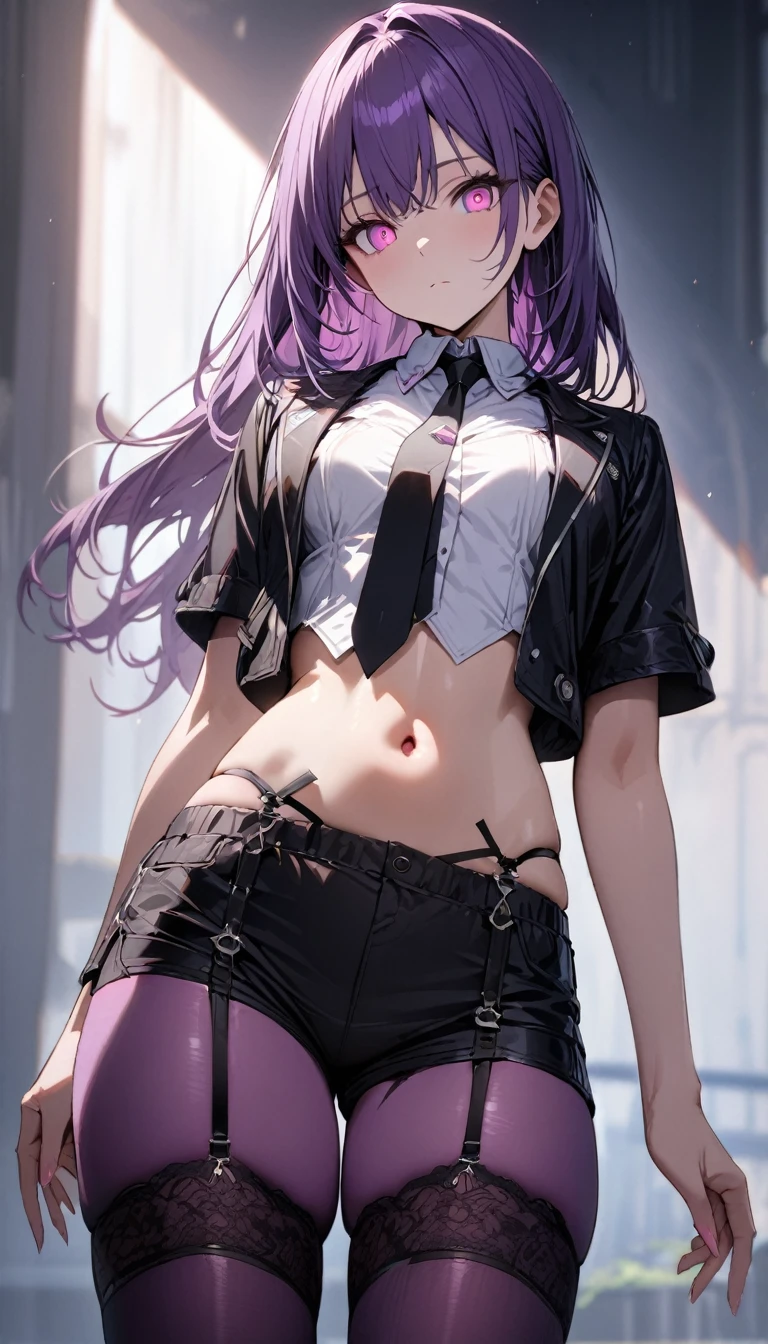 a handsome girl, solo,
purple hair, pink eyes, bright eyes, 
navel, black short jacket, tie, black shorts, garter rings, purple tights,
expressionless, blurry background, perfect lighting,
masterpiece, best quality, extremely detailed face, extremely detailed,