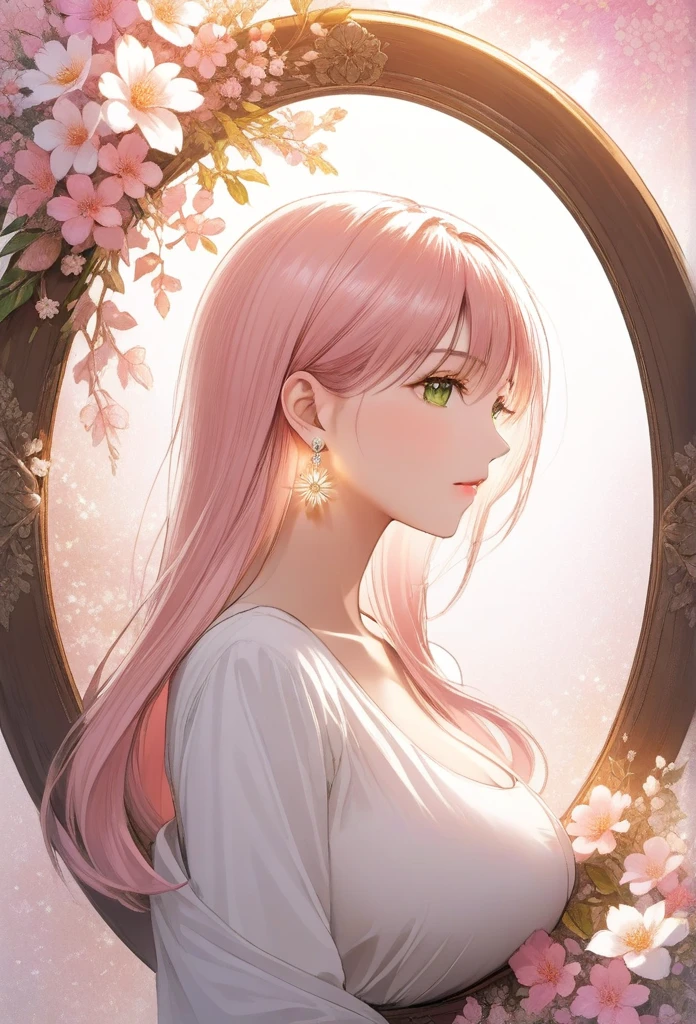 (masterpiece, highest quality, highest quality, Official Art, Beautiful and aesthetic:1.2), Green Eyes, (highest quality, masterpiece painting:1.3), Immature woman, 16 years old, (Half Body Shot), masterpiece, Ultra-high resolution, (((Floral frame, A lot of flowers in the frame, round frame, A beautiful girl fits into the frame))), Decorative panel, Abstract art, (Side shot), (Photorealistic:1.0), ((Light pink hair)),Straight hair, Beautiful and shiny hair, 白くGlowing Skin, Picturesque, sketch, texture, 超A high resolution, alone, Beautiful woman, Very detailed, (Fractal Art:1.1), (colorful:1.1), (Floral:1.6), Most detailed, (Tangled:1.2), (Dynamic pose), (Abstract background:1.3), (Glowing Skin), (Many colors:0.8), (Earrings:1.4), (feather:0.9), Taisho romance,big breasts,long chandelier earrings