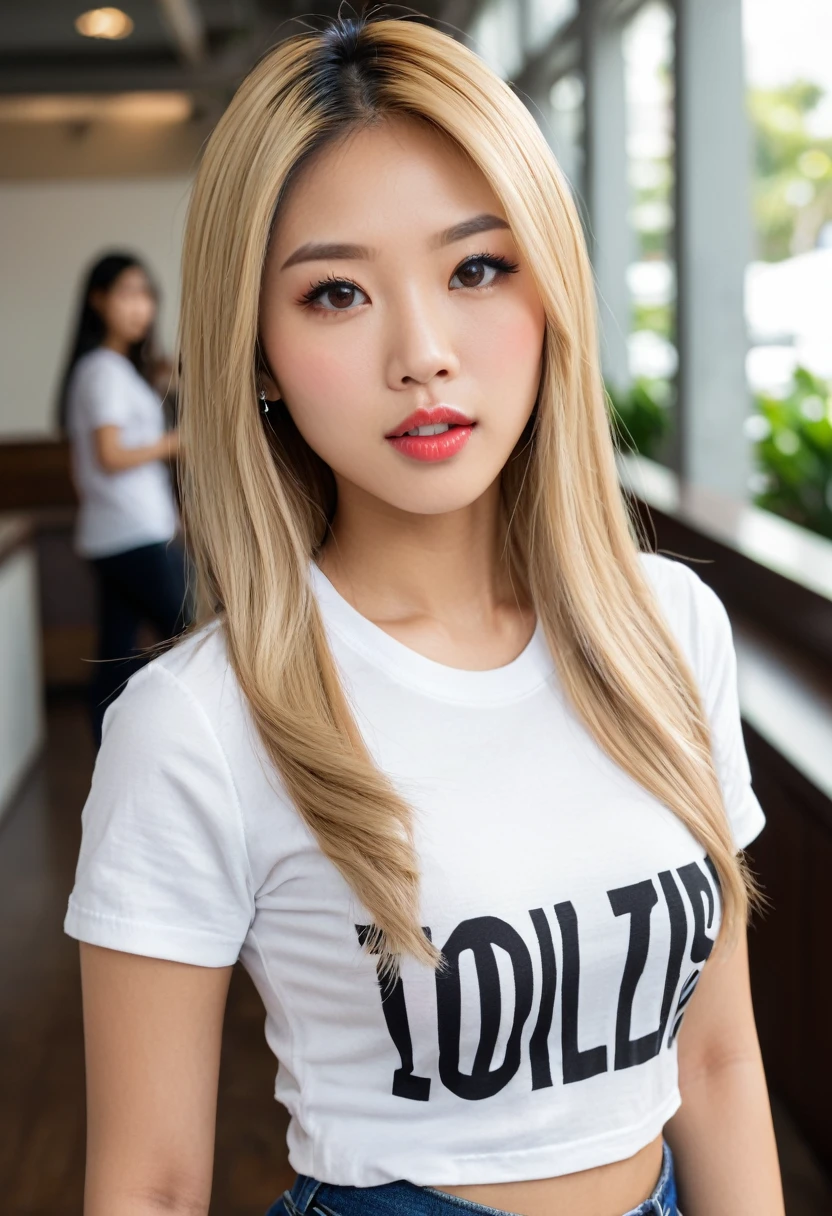 Woman, Asian American, very attractive, big lips, blonde highlights, straight hair, big tits, fully clothed, tight  tee, 