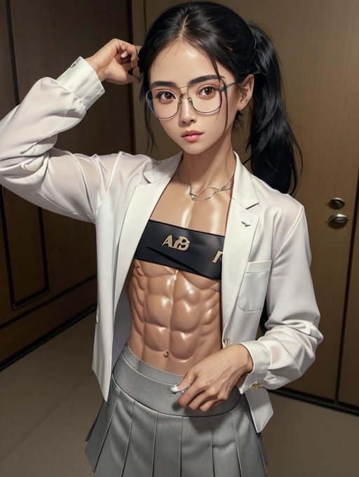 Pretty nerdy korean girl, detailed face and eyes, looking at viewer, masterpiece, best quality, shallow depth of field, 8K HDR, huge breasts, 85mm photo, shallow depth of field, tack sharp, (1girl:1.9), 18 years old, , black hair, tanned skin, short ponytail, 4’9” height, (wearing eye glasses a white button up school blouse a black blazer and a black pleated skirt:1.3), (showing abs, chiselled abs, shredded 12-pack abs:, abs of steel, shredded abdominal muscle, cut lower obliques, washboard abs:1.7), (slim body:1.2), gorgeous, standing in the park, wearing make up, (beautiful feminine face:1.8)