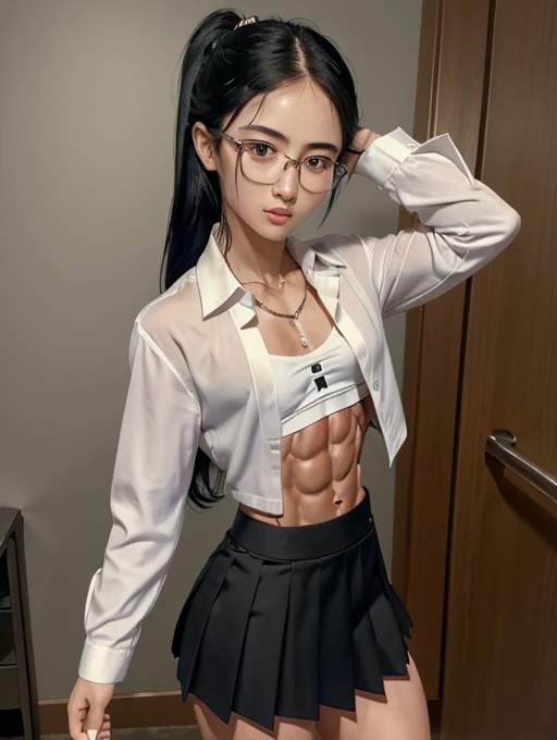 Pretty nerdy korean girl, detailed face and eyes, looking at viewer, masterpiece, best quality, shallow depth of field, 8K HDR, huge breasts, 85mm photo, shallow depth of field, tack sharp, (1girl:1.9), 18 years old, , black hair, tanned skin, short ponytail, 4’9” height, (wearing eye glasses a white button up school blouse a black blazer and a black pleated skirt:1.3), (showing abs, chiselled abs, shredded 12-pack abs:, abs of steel, shredded abdominal muscle, cut lower obliques, washboard abs:1.7), (slim body:1.2), gorgeous, standing in the park, wearing make up, (beautiful feminine face:1.8)