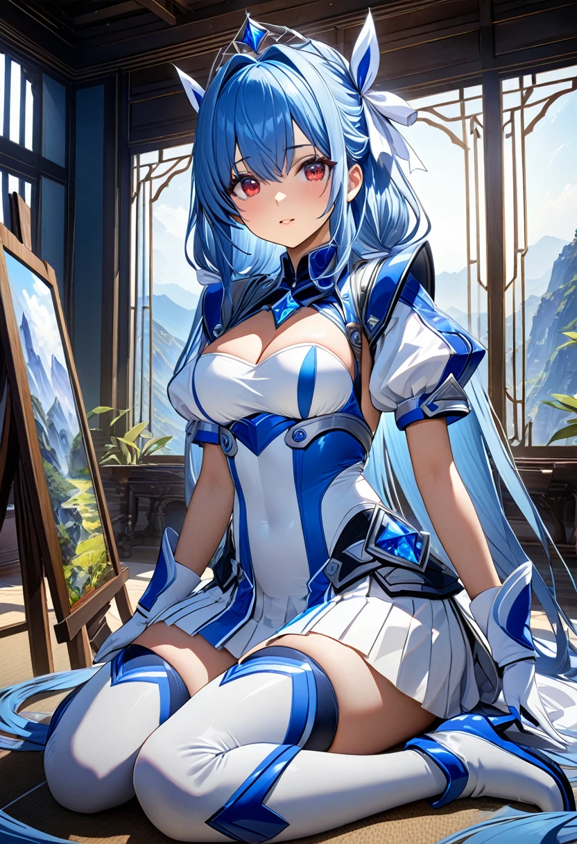 Highest quality、unity 8k wallpaper、32k、masterpiece、Very detailed、Ultra-high resolution、Very detailedな顔, RAW Photos, Professional, Ultra-fine painting,　Ultra high definition, In the daytime sunlight, Blue Hair、Princess Half Up、Red eyes、２0〜A female warrior around 24 years old、Blue and white leotard、White pleated skirt with blue lines、Half puff sleeves with shoulder pads、A large white ribbon with a large sapphire on the chest、White and blue long gloves、White and blue thigh-high stiletto boots、whole body