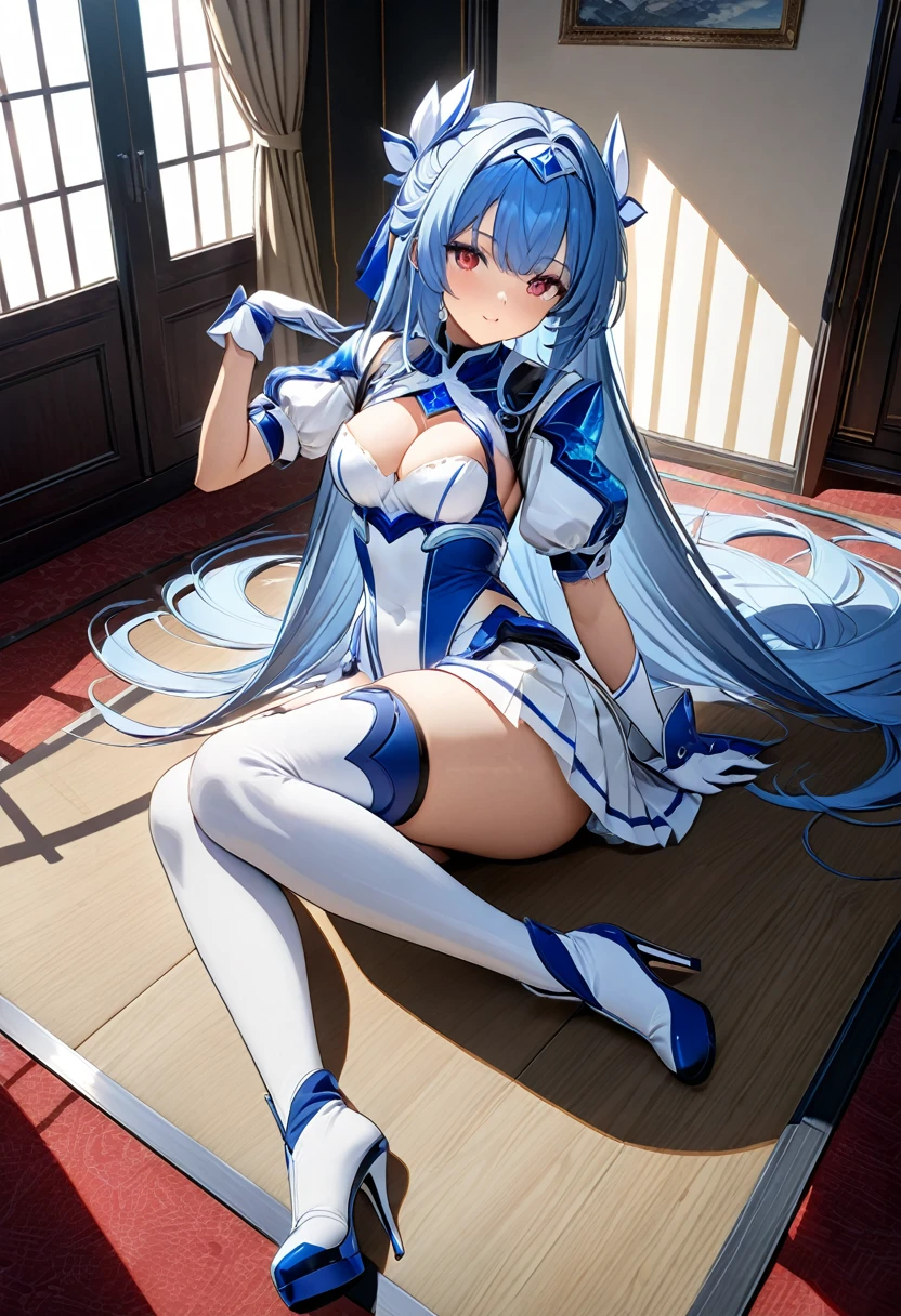 Highest quality、unity 8k wallpaper、32k、masterpiece、Very detailed、Ultra-high resolution、Very detailedな顔, RAW Photos, Professional, Ultra-fine painting,　Ultra high definition, In the daytime sunlight, Blue Hair、Princess Half Up、Red eyes、２0〜A female warrior around 24 years old、Blue and white leotard、White pleated skirt with blue lines、Half puff sleeves with shoulder pads、A large white ribbon with a large sapphire on the chest、White and blue long gloves、White and blue thigh-high stiletto boots、whole body