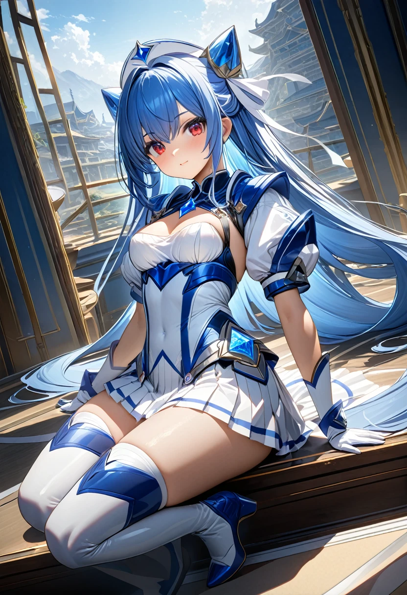 Highest quality、unity 8k wallpaper、32k、masterpiece、Very detailed、Ultra-high resolution、Very detailedな顔, RAW Photos, Professional, Ultra-fine painting,　Ultra high definition, In the daytime sunlight, Blue Hair、Princess Half Up、Red eyes、２0〜A female warrior around 24 years old、Blue and white leotard、White pleated skirt with blue lines、Half puff sleeves with shoulder pads、A large white ribbon with a large sapphire on the chest、White and blue long gloves、White and blue thigh-high stiletto boots、whole body