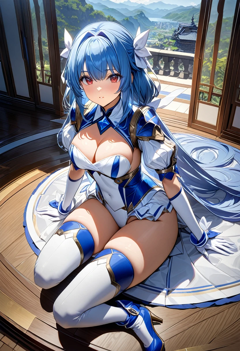 Highest quality、unity 8k wallpaper、32k、masterpiece、Very detailed、Ultra-high resolution、Very detailedな顔, RAW Photos, Professional, Ultra-fine painting, Ultra high definition, In the daytime sunlight, Blue Hair、Princess Half Up、Red eyes、20〜A female warrior around 24 years old、Blue and white leotard、White pleated skirt with blue lines、Half puff sleeves with shoulder pads、A large white ribbon with a large sapphire on the chest、White and blue long gloves、White and blue thigh-high stiletto boots、whole body