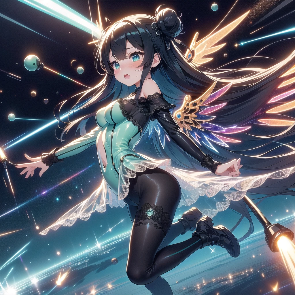 masterpiece, best quality, full body,buster rifle, golden huge beam impact, (((Particles of light))), (((glowing))), (((power)), (((electricity))), ((白い mechanical wings)), (((mint gothic lace see-through tight suit))), ((off shoulder)), skirt, ((leggings)), (((flying))), (((space))), earth \(planet\), (((planet))), 独奏, 1girl, (((big tits))), very long hair, black twin bun hair, hairclip, ribbon, open mouth, sweat, shy, blush, ((slim figure)), 