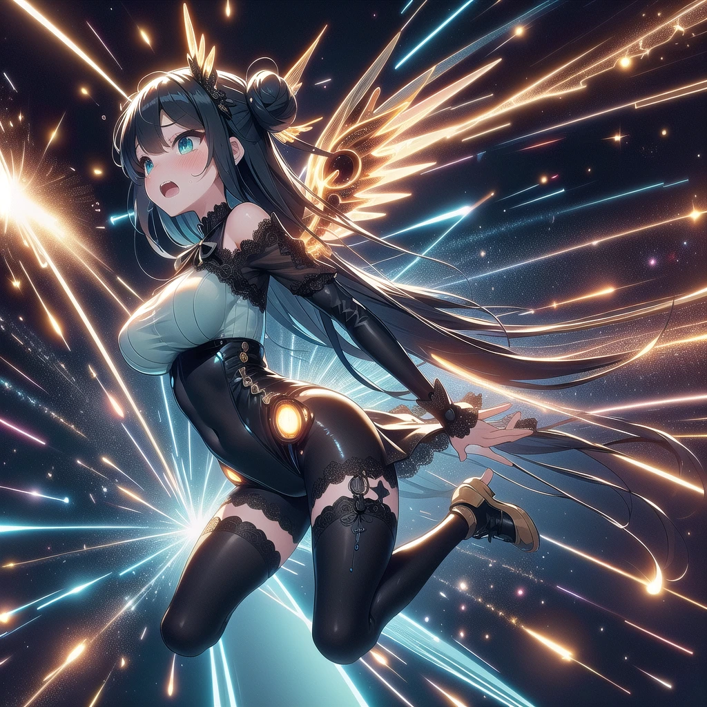 masterpiece, best quality, full body,buster rifle, golden huge beam impact, (((Particles of light))), (((glowing))), (((power)), (((electricity))), ((白い mechanical wings)), (((mint gothic lace see-through tight suit))), ((off shoulder)), skirt, ((leggings)), (((flying))), (((space))), earth \(planet\), (((planet))), 独奏, 1girl, (((big tits))), very long hair, black twin bun hair, hairclip, ribbon, open mouth, sweat, shy, blush, ((slim figure)), 