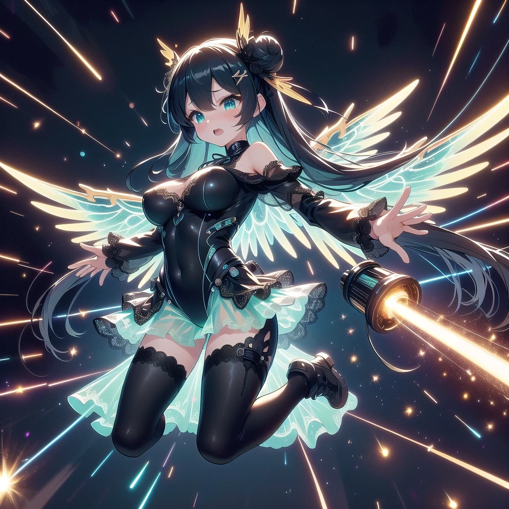 masterpiece, best quality, full body,buster rifle, golden huge beam impact, (((Particles of light))), (((glowing))), (((power)), (((electricity))), ((白い mechanical wings)), (((mint gothic lace see-through tight suit))), ((off shoulder)), skirt, ((leggings)), (((flying))), (((space))), earth \(planet\), (((planet))), 独奏, 1girl, (((big tits))), very long hair, black twin bun hair, hairclip, ribbon, open mouth, sweat, shy, blush, ((slim figure)), 