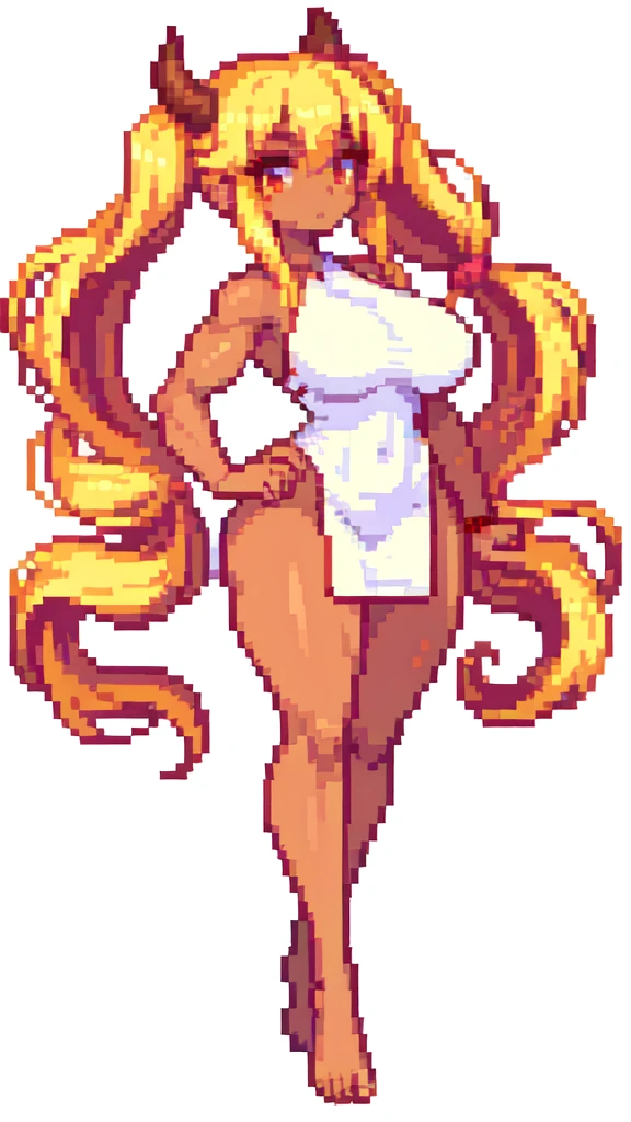 brown skin,very muscle,small face,{{long legs}},devil,barefoot,{{muscular}},{{gigantic breasts}} ,{{curvy}} , ,masterpiece , best quality , pixel art , 1 girl ,{full body},  voluptuous ,twintails,blonde hair ,white dress,white background