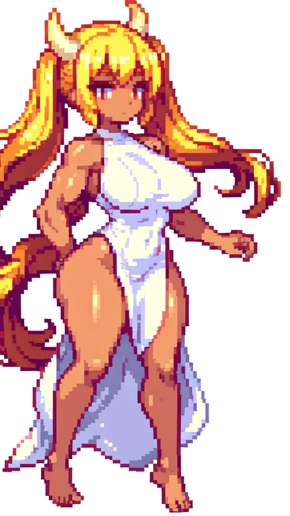 brown skin,very muscle,small face,{{long legs}},devil,barefoot,{{muscular}},{{gigantic breasts}} ,{{curvy}} , ,masterpiece , best quality , pixel art , 1 girl ,{full body}, voluptuous ,twintails,blonde hair ,white dress,white background