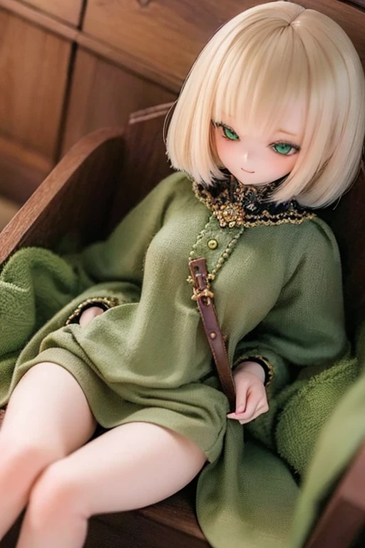 ((highest quality)), ((masterpiece)), (extremely detailed), kukolnydom, doll, (mature woman:1.7), solo, ((eye level shot)), sitting on sofa, green eyes, (looking down, blank eyes:1.3), light smile, dress, castle, 8k
