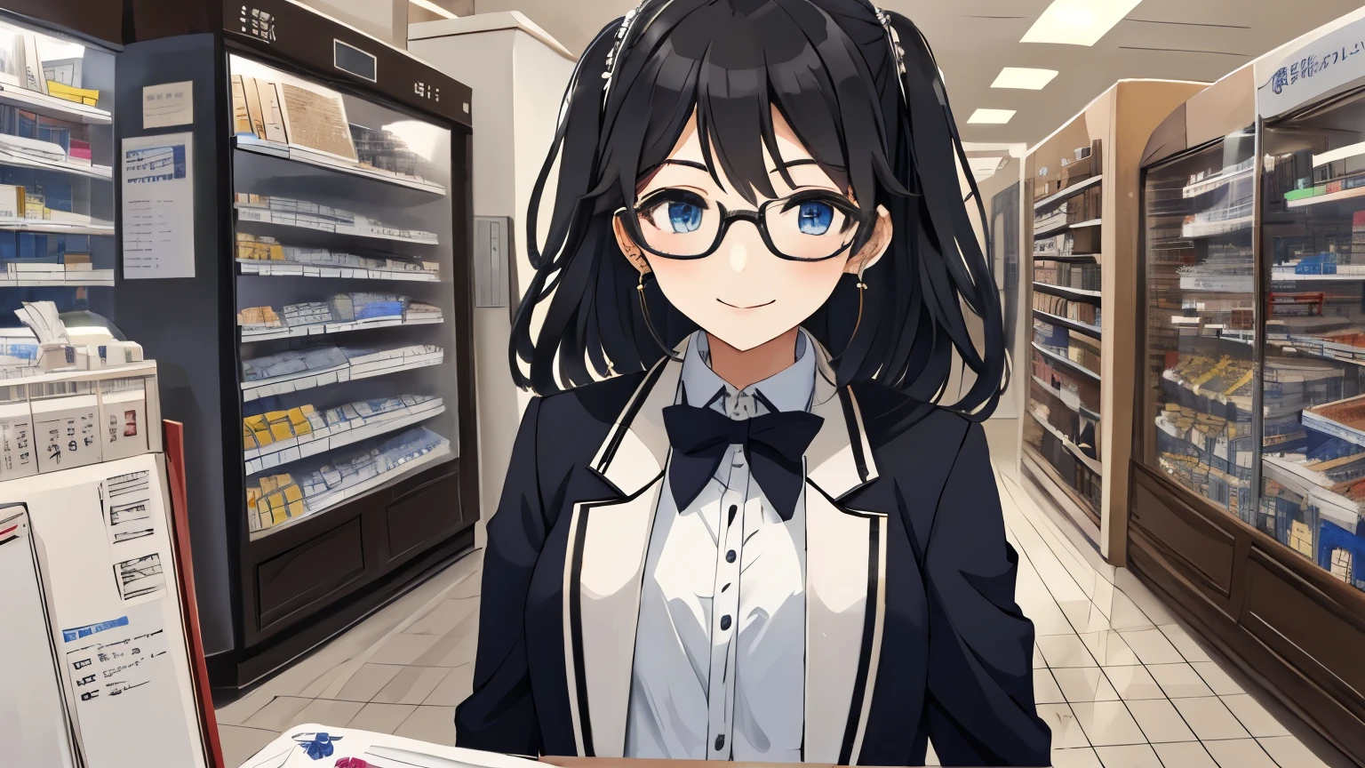 yurika, masterpiece, 1female, solo, pov, black hair, blue eyes, medium hair, glasses, formal clothes, standing, mature face, smiling, face focus, limbo, outlet, retail, pharmacy outlet