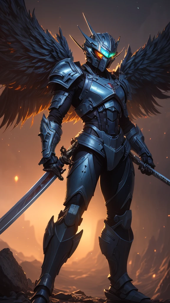 (masterpiece, best quality:1.3),extremely high detailed, intricate, 8k, HDR, wallpaper, cinematic lighting, (universe),(holding sword:1.3), glowing, armor, glowing eyes, mecha, large wings,    