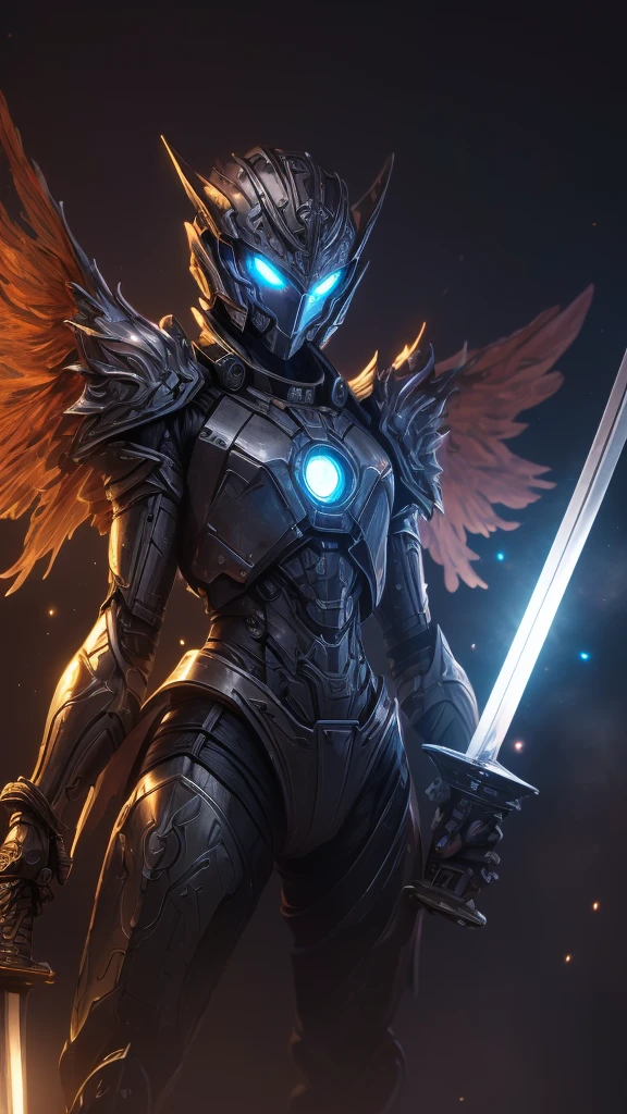 (masterpiece, best quality:1.3),extremely high detailed, intricate, 8k, HDR, wallpaper, cinematic lighting, (universe),(holding sword:1.3), glowing, armor, glowing eyes, mecha, large wings,    