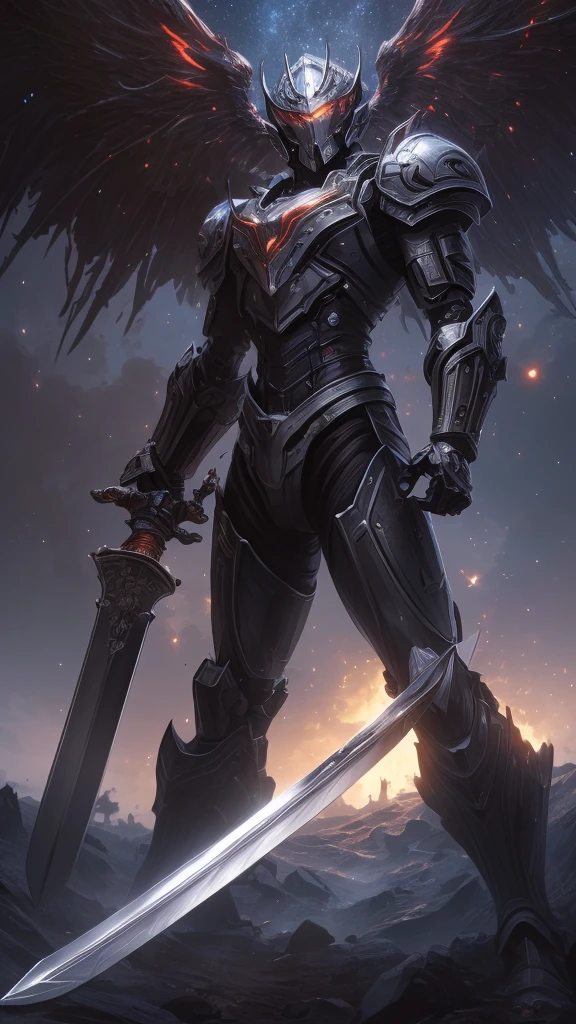 (masterpiece, best quality:1.3),extremely high detailed, intricate, 8k, HDR, wallpaper, cinematic lighting, (universe),(holding sword:1.3), glowing, armor, glowing eyes, mecha, large wings,