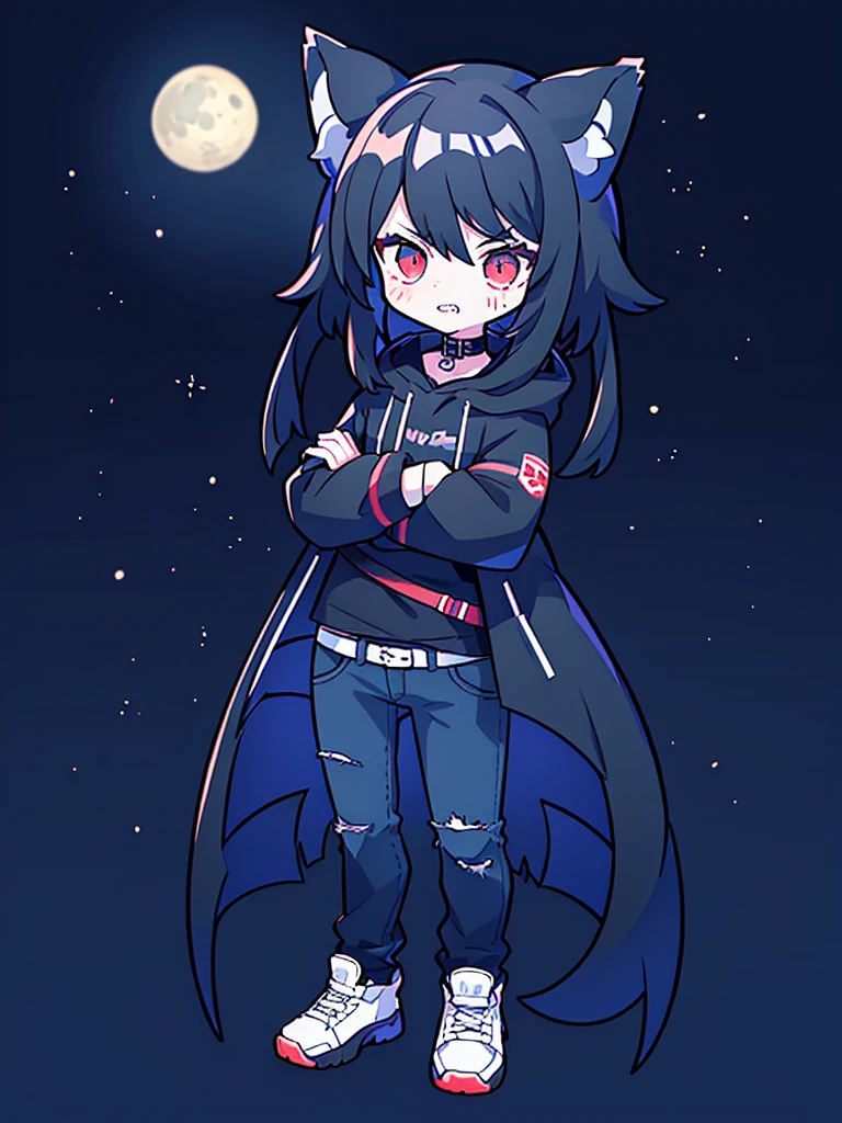 Wolf, tough, crossed arms, standing, emo, angry, night time, nightmare, goth, tomboy, moon background, black, dark red, dark red eyes, long gray wriped jeans, black and white sneakers, wearing her jacket around her waist, sharped teeth, gray wolf tail