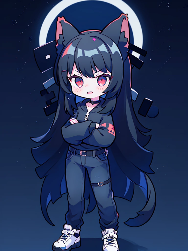 Wolf, tough, crossed arms, standing, emo, angry, night time, nightmare, goth, tomboy, moon background, black, dark red, dark red eyes, long gray wriped jeans, black and white sneakers, wearing her jacket around her waist, sharped teeth, gray wolf tail