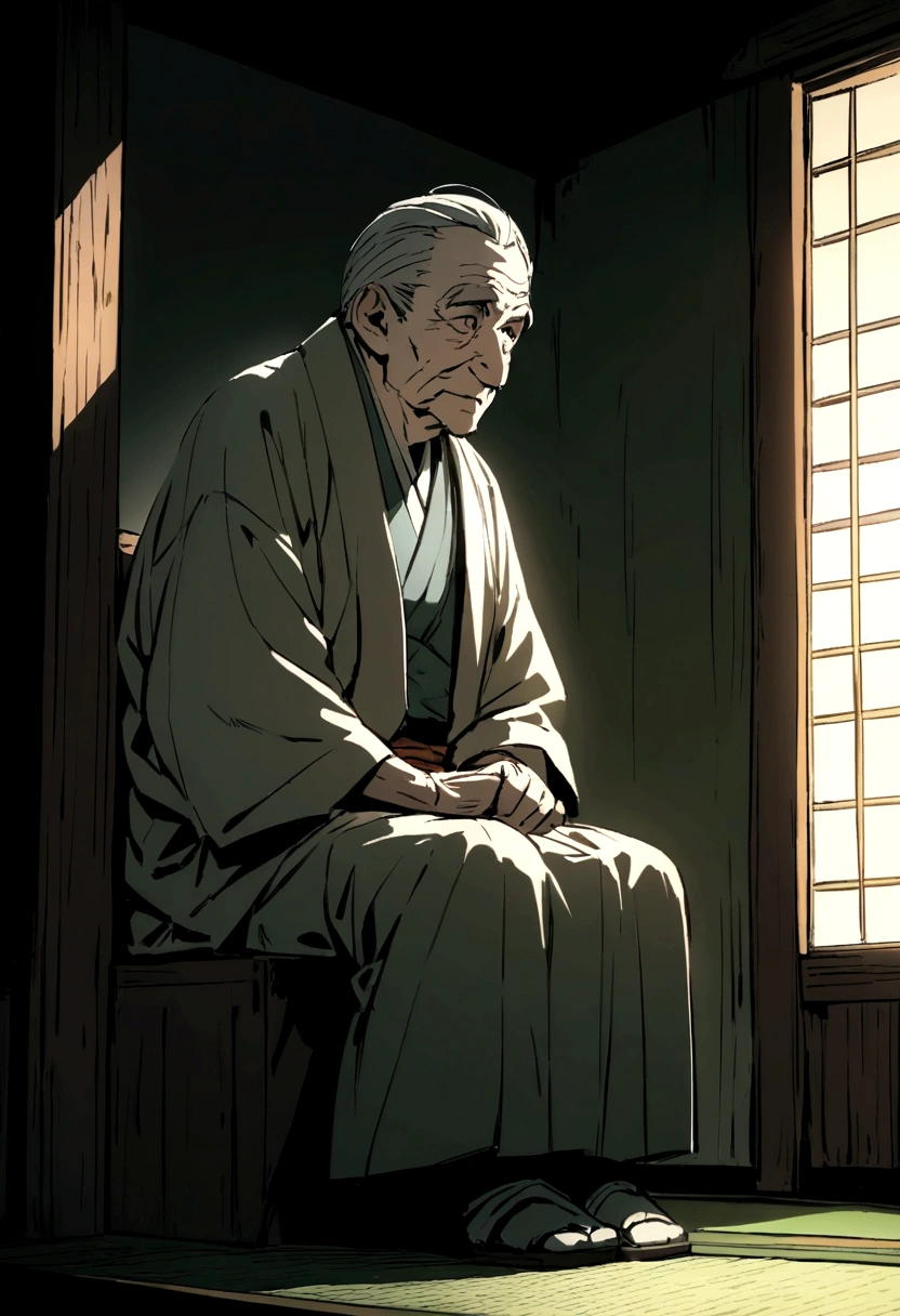 
Live-action prompt A Japanese monster in the form of a humanoid, an old man with a large head and a particularly long high school age who wears torn clothes.
Sitting cross-legged in a tatami room so you can see from the side
background is dark