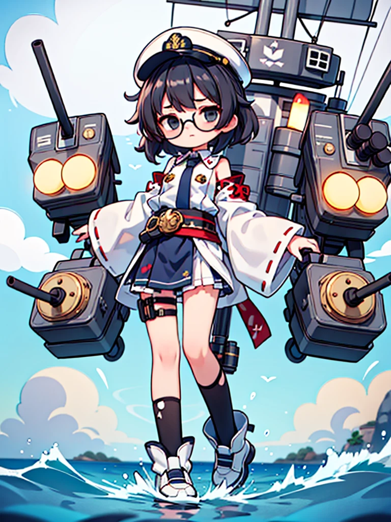 ((((Full body of a woman with perfect flat chest、solo、Short unkempt black hair、Tie your messy hair at the nape of your neck、white military jacket、Miko costume、tights、Black glasses、White military cap、Cloudy black eyes、Confused eyes、Junyo hair accessories)))), (((masterpiece))), (((Shipgirl))), ((Floating on the morning sea with both feet)), (Spread your legs wide open), (Hold the turret with your right hand), (Mechanical arms extending from the waist are used to equip the ship with battleship equipment.), (Equipped with a turret on the back), (Holds a triple turret on the left arm), Shotgun shells are attached to the thigh with a belt, Spreading the Machine&#39;s Wings, Machine tail,  Holding a shotgun, Nipple masturbation,  Tentacle Sex, Dildo masturbation、Sex with multiple people