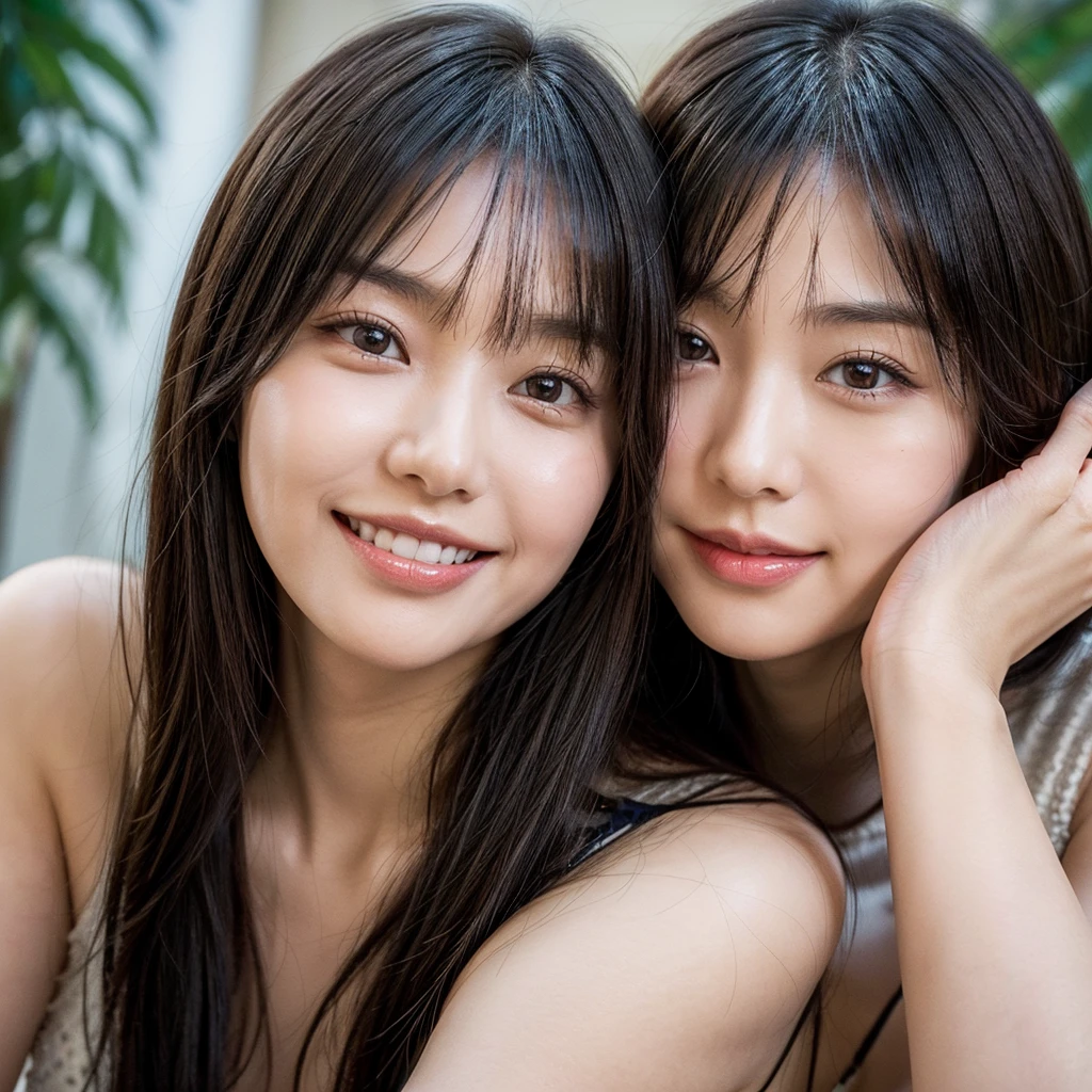 (8K, 4K, Best Quality, High Definition, Ultra High Definition: 1.1), (Masterpiece, Realistic, Photorealistic: 1.1), Solo, Japanese woman, H cup, cute, erotic, model's expression, beautiful oval-shaped face, contour bob haircut, short see-through bangs, very small nose, wide-set downward sloping eyebrows, smiling slightly wide V-shaped mouth, straight and well-aligned teeth, thicker center lips, slightly wide-set eyes, moderately sized eyes, smiling droopy eyes, defined double eyelids, prominent tear bags,