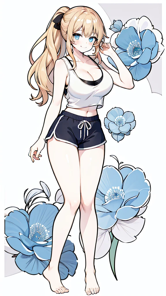 1girl, long blonde hair, blue eyes, wearing blue tank top and black dolphin shorts, no background, absurdres, high res, ultrasharp, 8K, masterpiece, long legs, large breasts, thicc thighs, thighs shown, blushing, short shorts, barefoot, perfect hands, large ass, seductive smile, perfect hands, super closeup, large cleavage, wedgie, bra under tank top, bra, tank top, black bra seen under blue tank top, anime line art, lineart, standing up, hands by sides, smiling, full body picture, simple pose, long legs, ponytail, tight dolphin shorts, light blue tank top, light blue tank top, light blue tank top