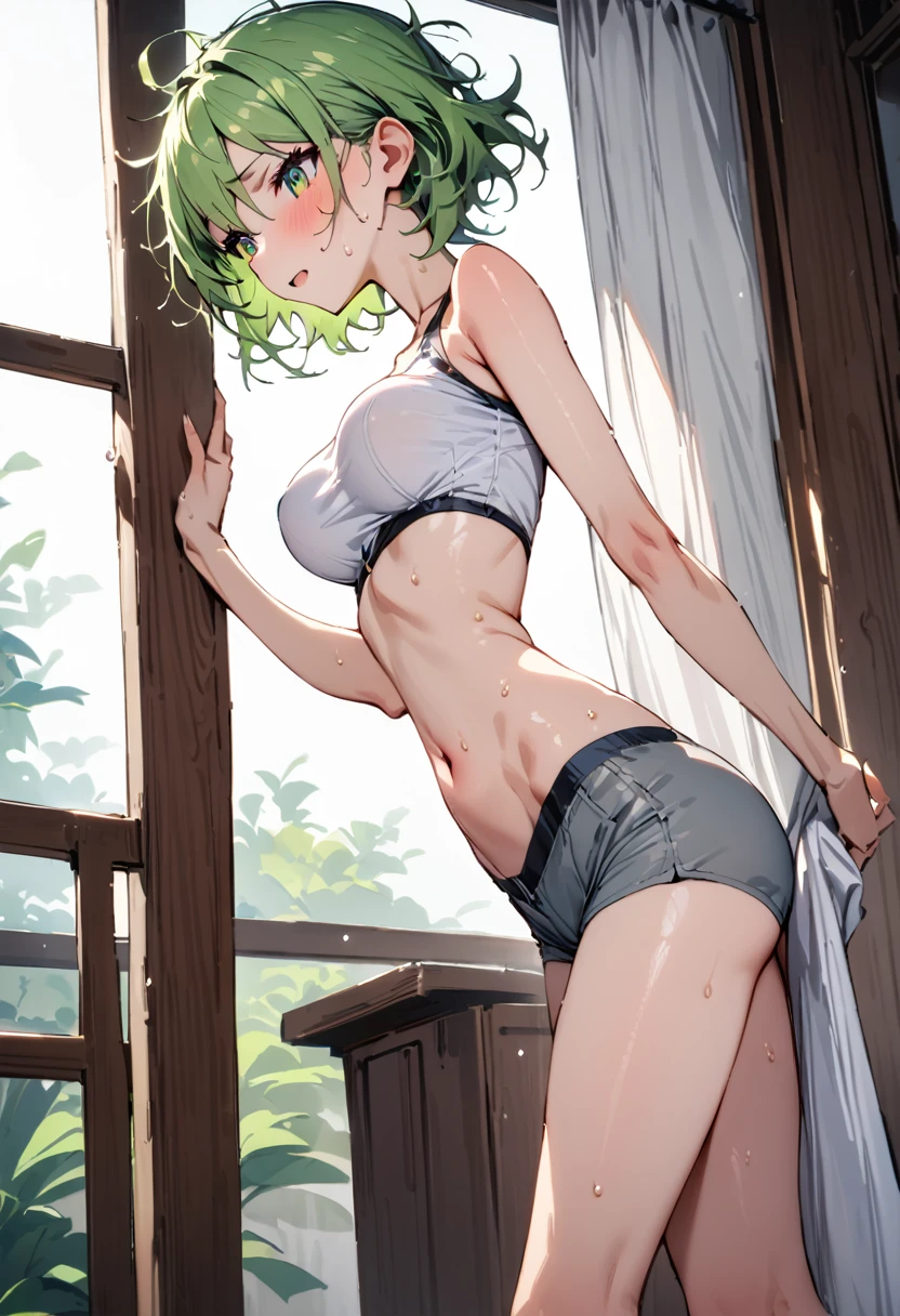 ((masterpiece,Highest quality:1.3)),1woman,25 year old beauty,独奏,((very small head:1.3)),green hair,(short hair),messy hair,bangs,green eyes,gorgeous eyes,shy,medium breasts,((very long body:1.2)),((toned body,slender body,skinny)),gleaming skin,shiny skin,sweat,White tight T-shirt、navel、Grey wet shorts、barefoot、standing,Simple bedroom、