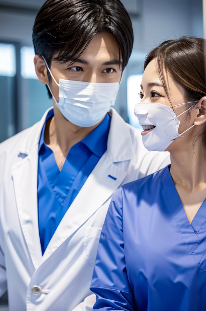 Male dentist and female dental hygienist　２people　A good business partner　日本people系　Wearing a lab coat　Wearing medical scrubs　Upper body close-up　high resolution　high resolution　Highest quality　日本people　Harmony々
